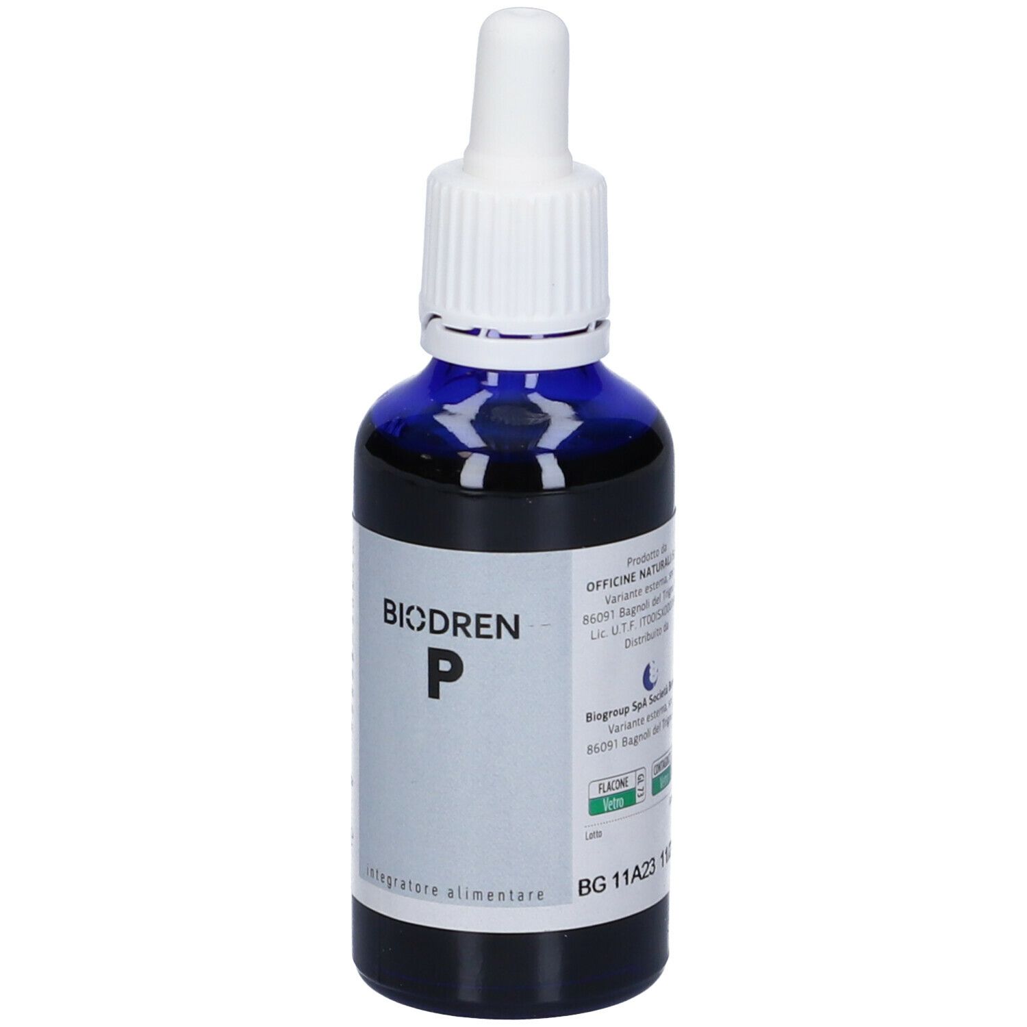 Flacone di vetro blu con contagocce bianco. Scritto: Biodren P, integratore alimentare.