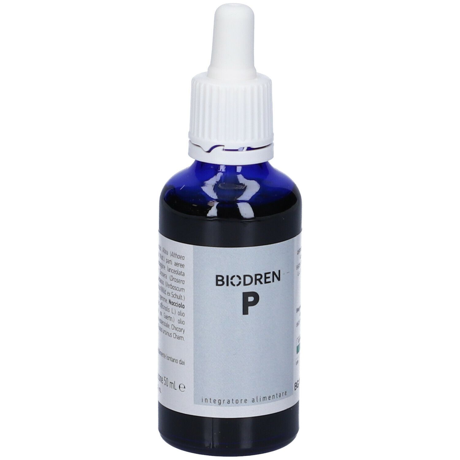 Flacone di vetro blu con contagocce bianco. Scritto: Biodren P, 50 ml e, integratore alimentare.