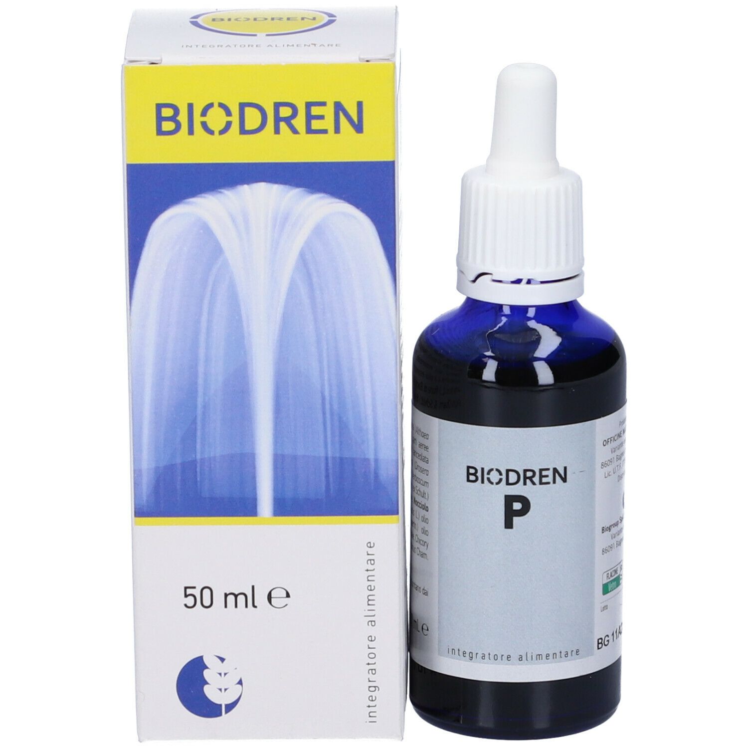 Prodotto e confezione. Flacone blu con contagocce bianco e scatola. Scritto: Biodren P, 50 ml e.