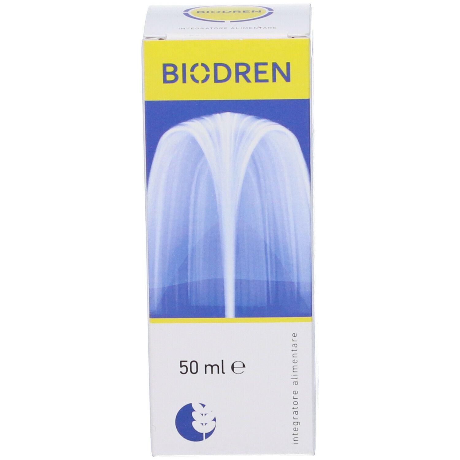 Scatola bianca con design blu. Scritto: Biodren, 50 ml e, integratore alimentare.