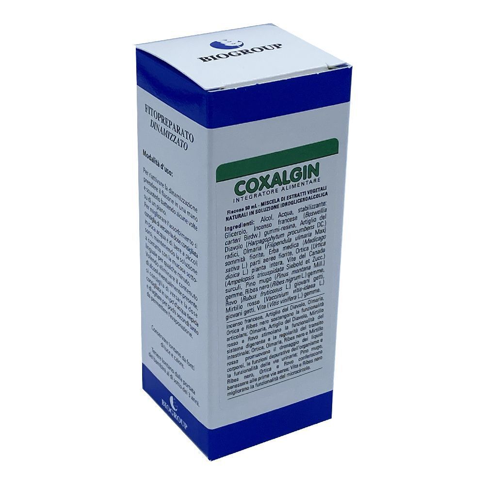 Scatola COXALGIN, logo BIOGROUP. Confezione blu e bianca con testo. Vista angolata.