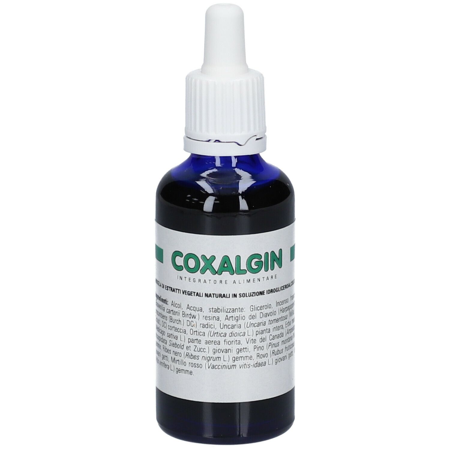 Liquido marrone in flacone blu con contagocce bianco. Etichetta COXALGIN.