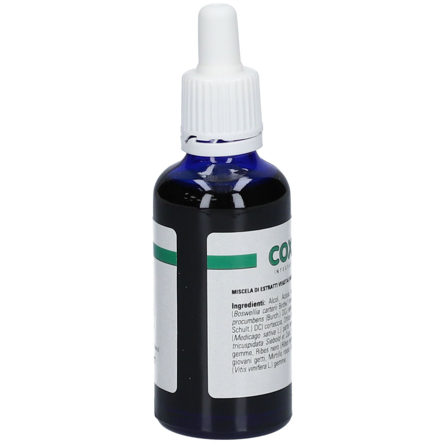 Liquido marrone in flacone blu con contagocce bianco. Etichetta COXALGIN.