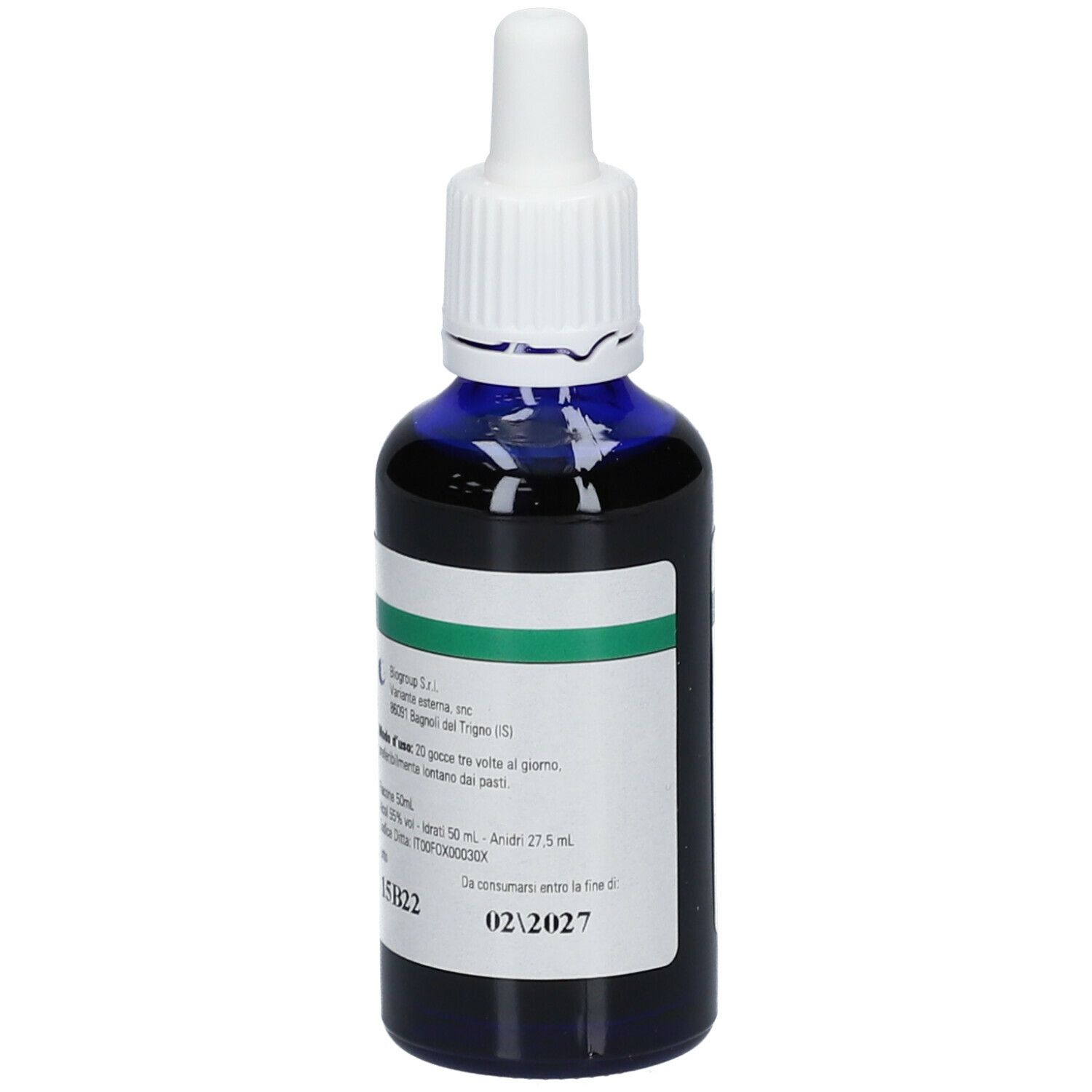 Liquido marrone in flacone blu con contagocce bianco. Etichetta COXALGIN.