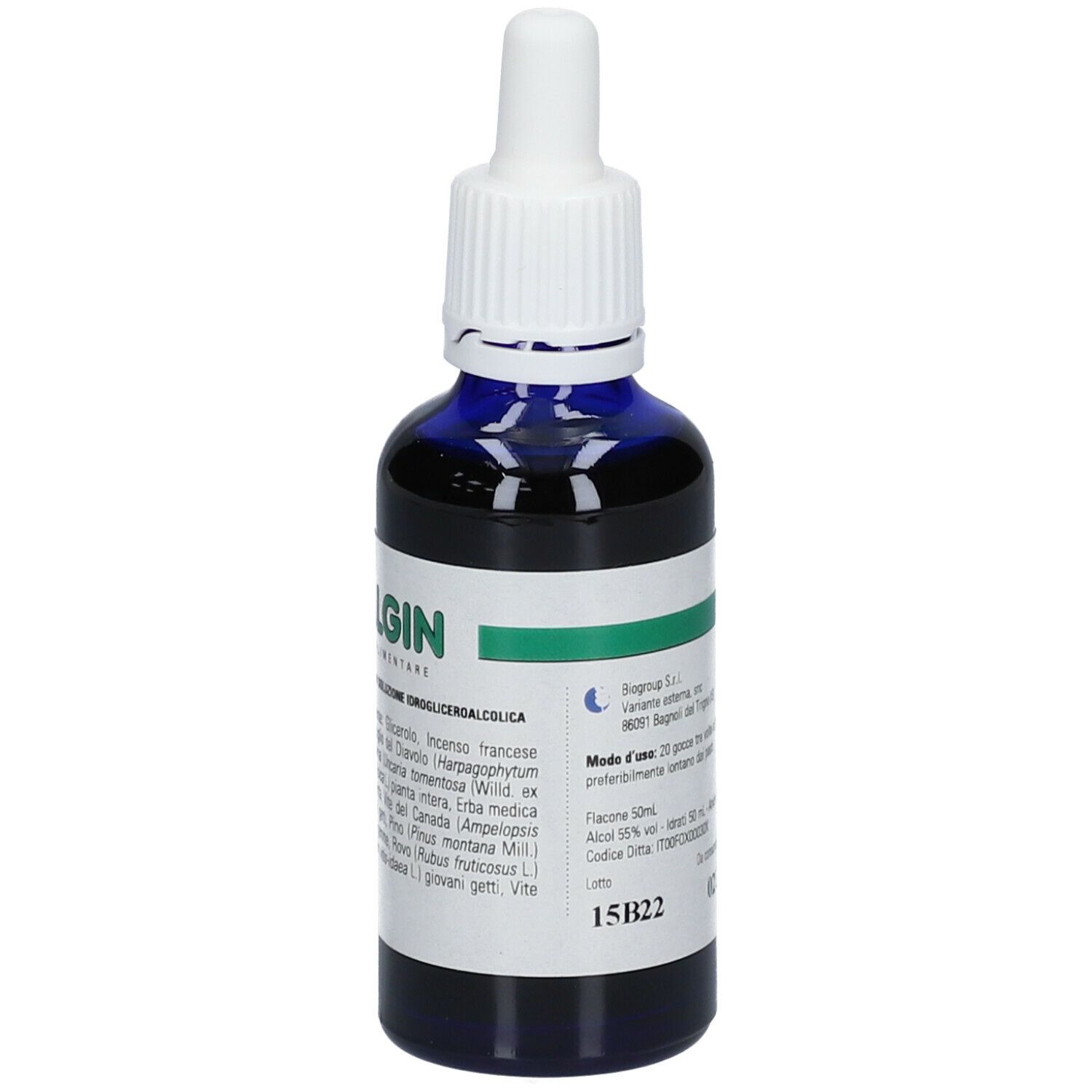 Liquido marrone in flacone blu con contagocce bianco. Etichetta COXALGIN.