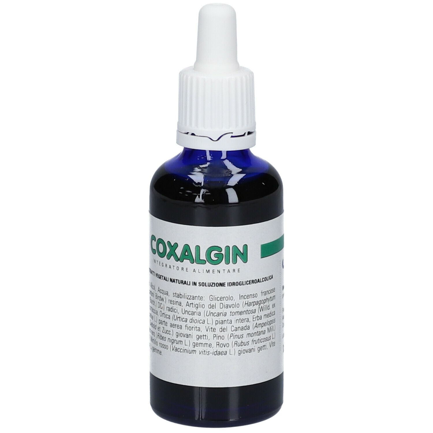 Liquido marrone in flacone blu con contagocce bianco. Etichetta COXALGIN.