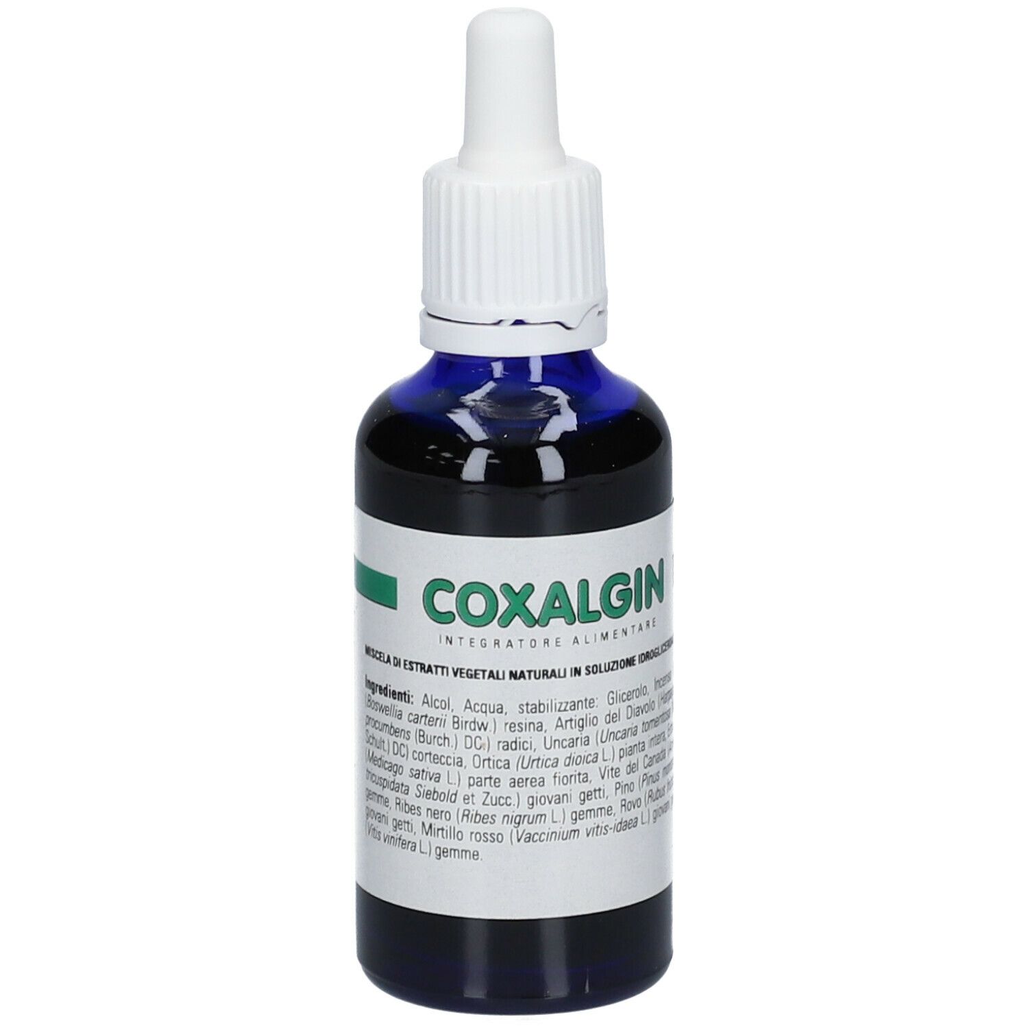 Liquido marrone in flacone blu con contagocce bianco. Etichetta COXALGIN.