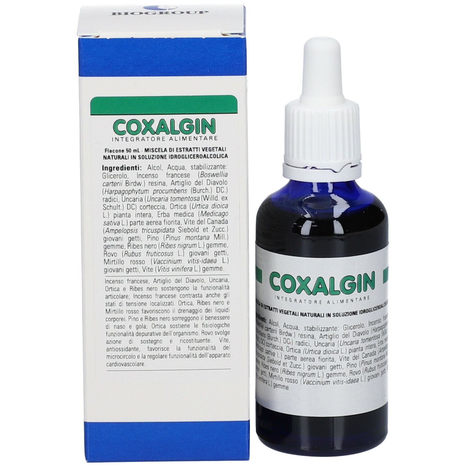 Liquido marrone in flacone blu con contagocce bianco ed etichetta COXALGIN. Accanto la confezione.
