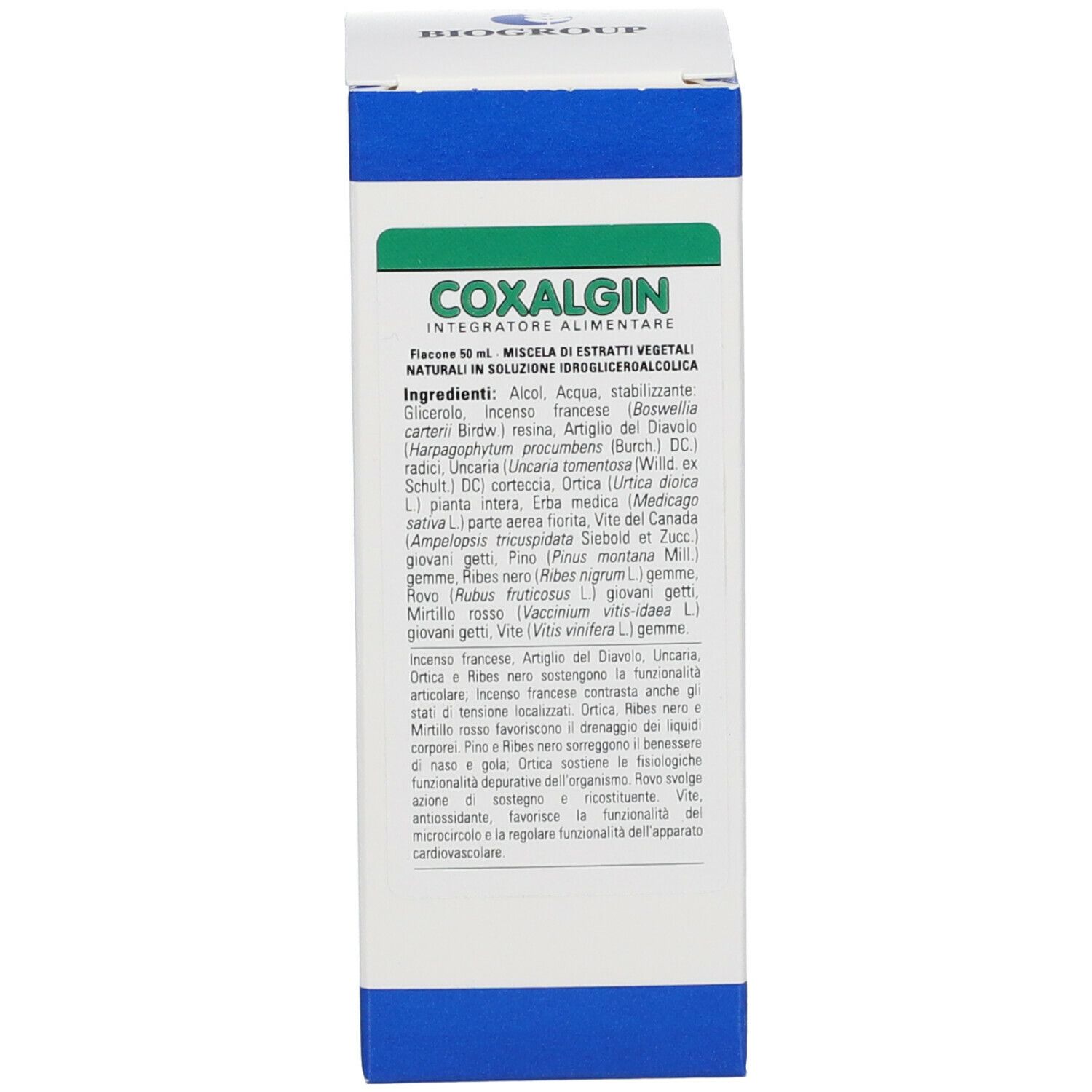 Confezione con etichetta COXALGIN e logo BIOGROUP. Confezione blu e bianca con testo.