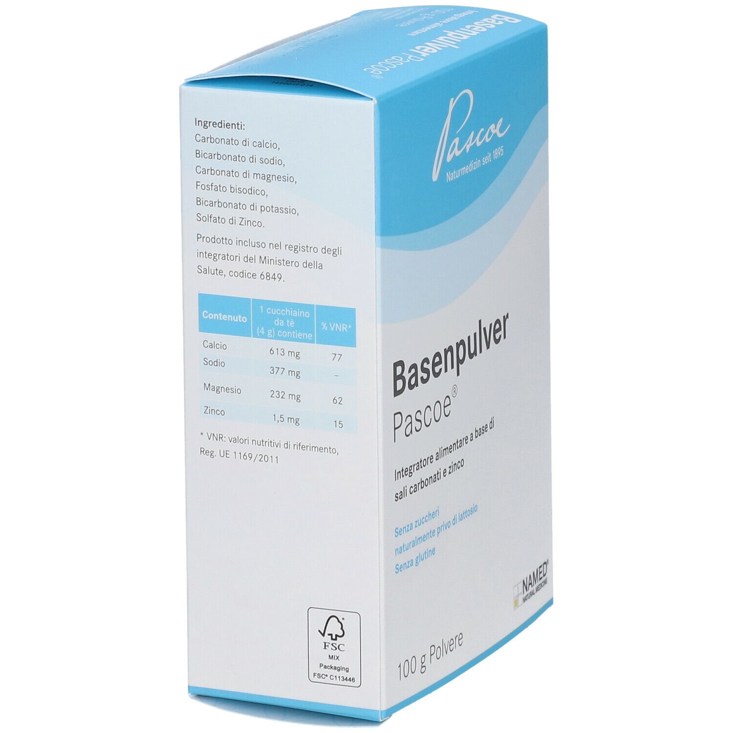 Scatola "Basenpulver Pascoe" con ingredienti. Contiene calcio, sodio, magnesio, zinco. Logo FSC.
