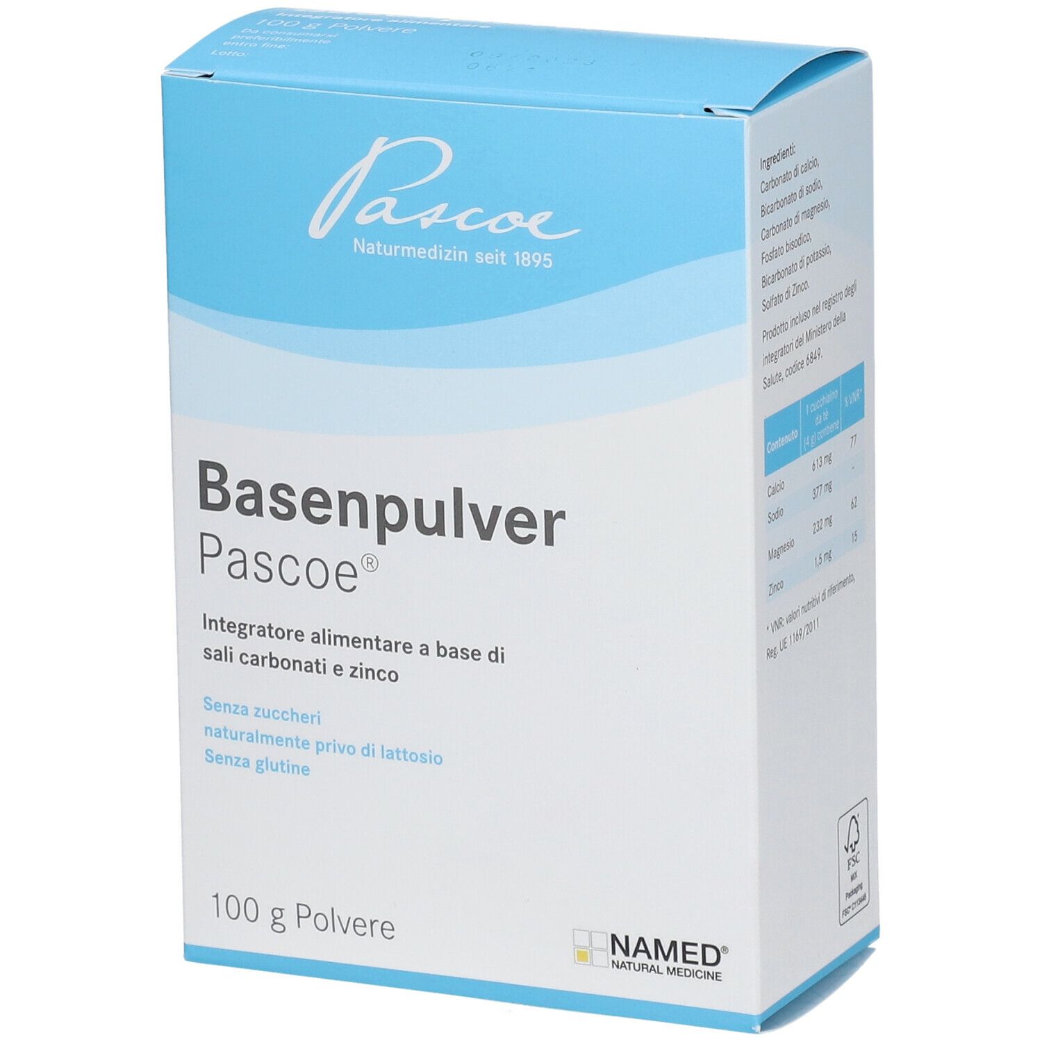 Scatola "Basenpulver Pascoe". Scritto: "Integratore alimentare a base di sali carbonati e zinco".