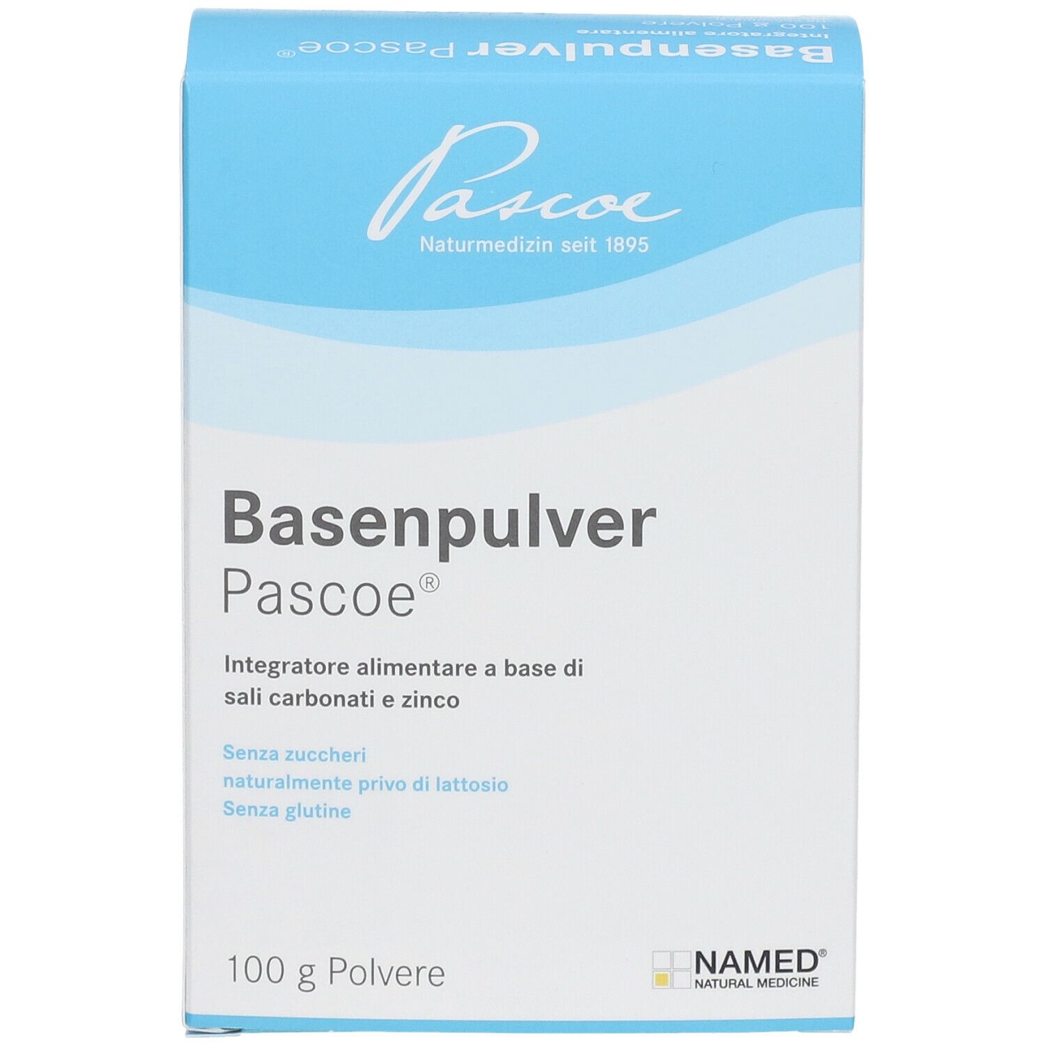 Scatola blu e bianca "Basenpulver Pascoe". Testo: "Integratore alimentare a base di sali carbonati e zinco".