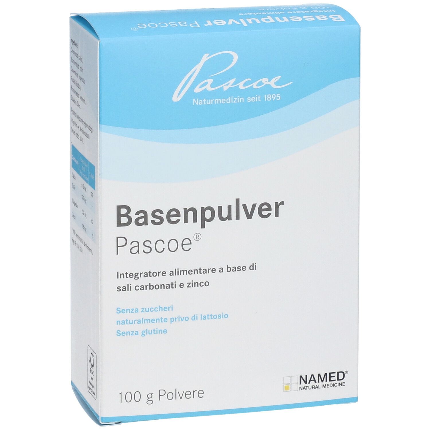 Scatola blu e bianca "Basenpulver Pascoe". Testo: "Integratore alimentare a base di sali carbonati e zinco".