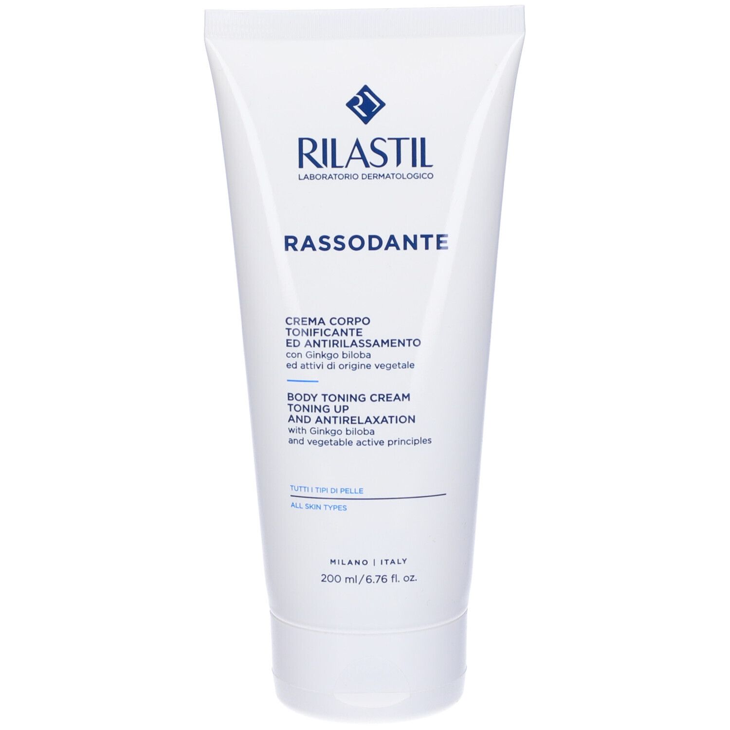 Tubo bianco RILASTIL. Nome prodotto: RASSODANTE. Testo in italiano e inglese. Crema corpo. 200 ml.