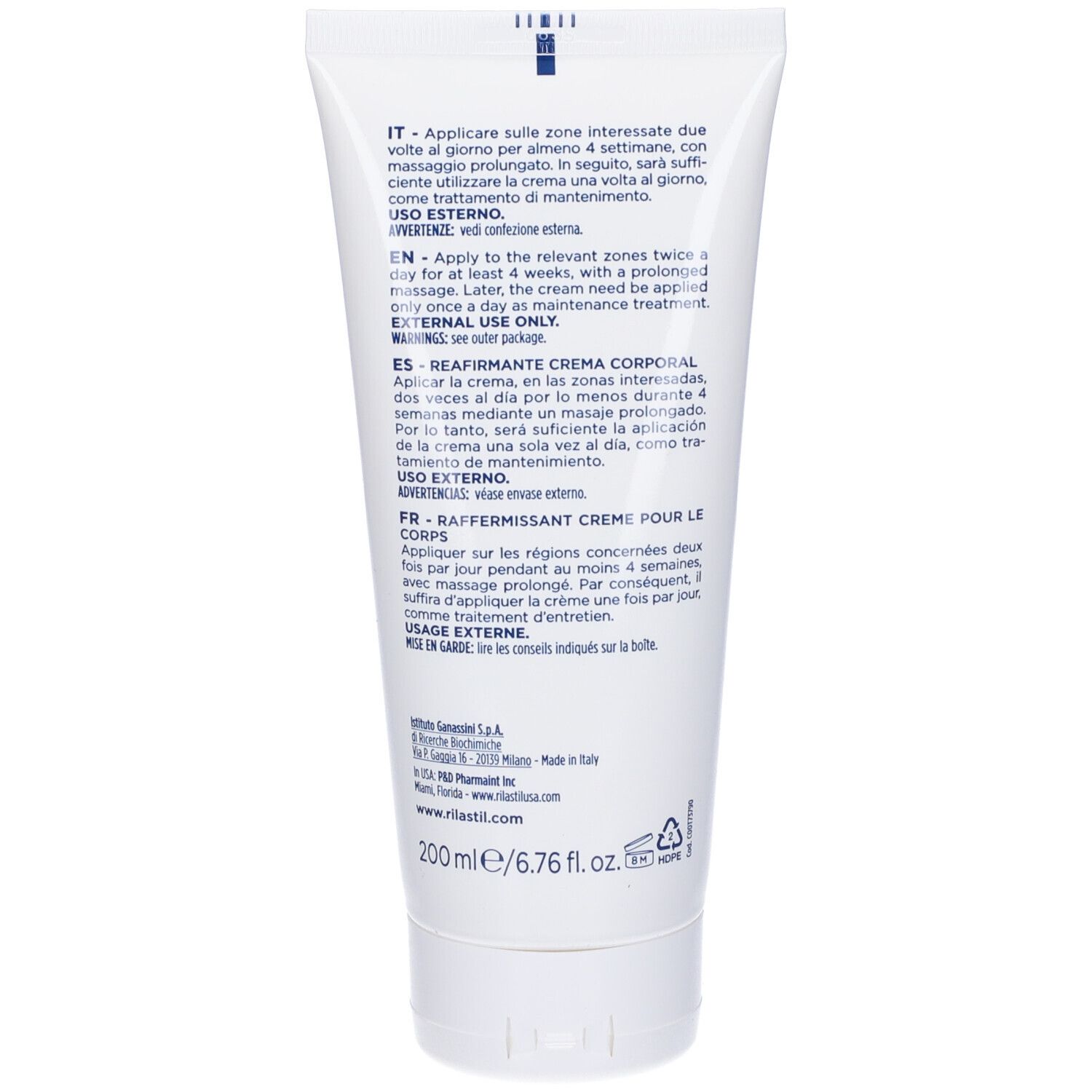 Retro del tubo bianco. Testo multilingue. Istruzioni e ingredienti. 200 ml.