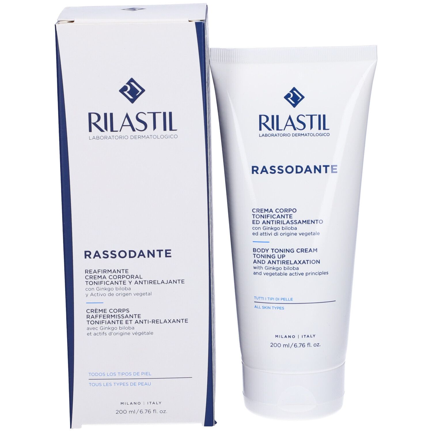 Confezione del prodotto: tubo e scatola. Logo RILASTIL e nome prodotto: RASSODANTE. Testo in italiano e inglese. 200 ml.