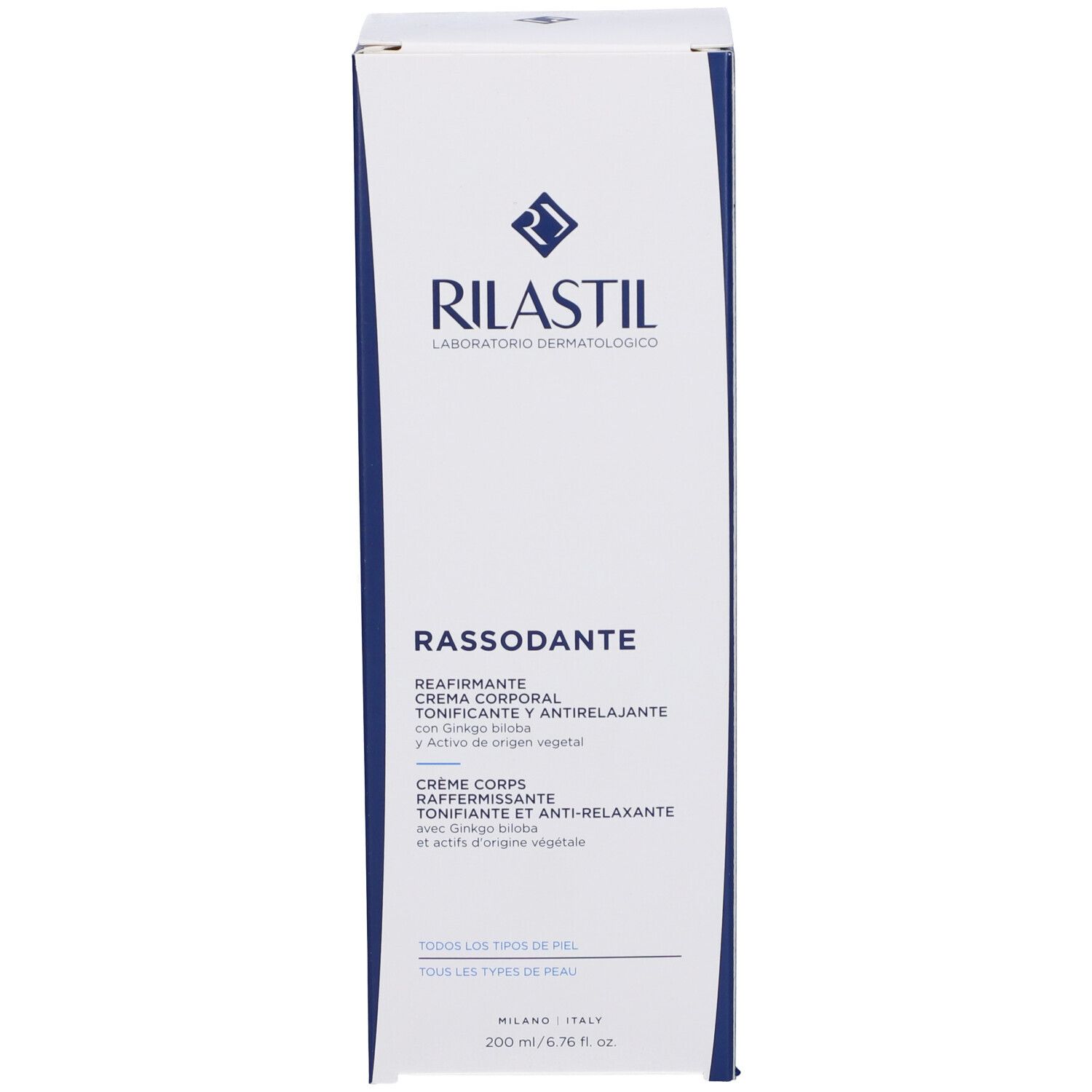Scatola bianca con logo RILASTIL e nome prodotto: RASSODANTE. Testo in italiano e inglese. 200 ml.