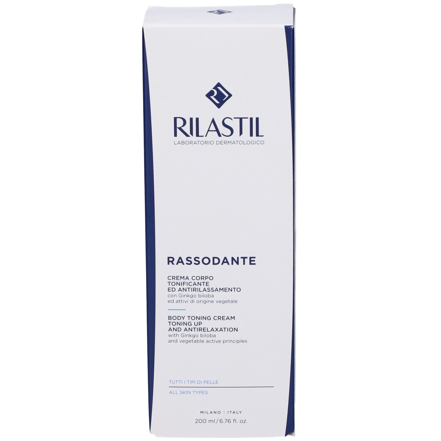 Scatola bianca con logo RILASTIL e nome prodotto: RASSODANTE. Testo in italiano e inglese. 200 ml.