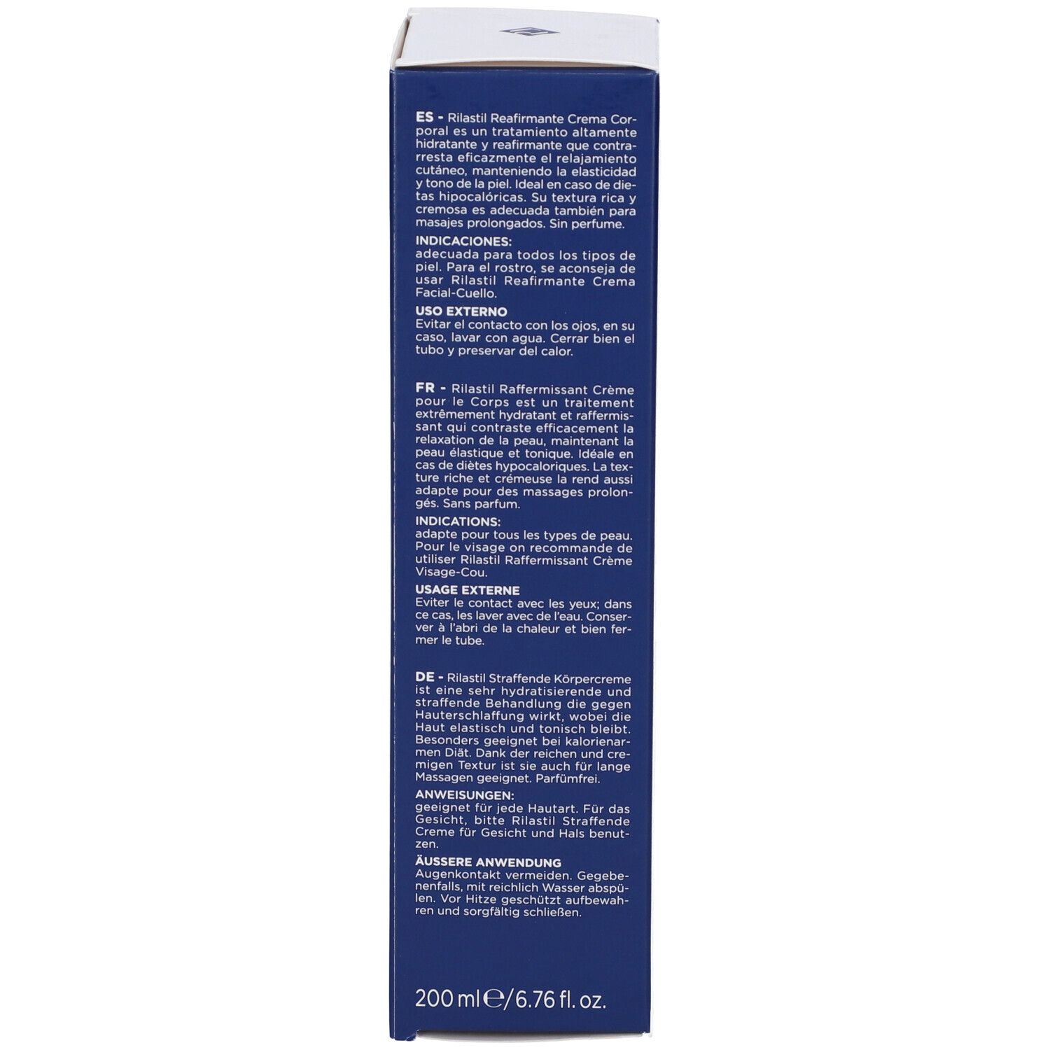 Lato della scatola. Testo multilingue. Istruzioni e ingredienti. 200 ml.