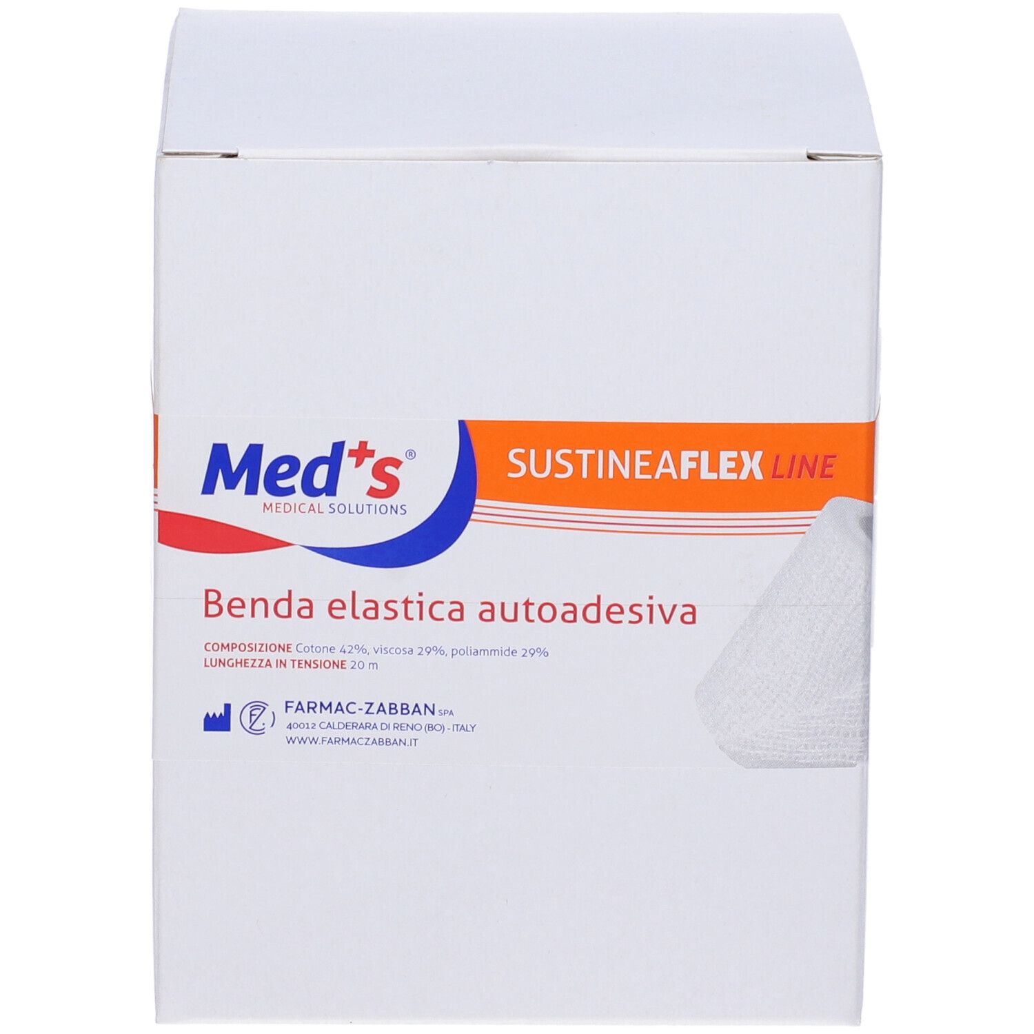 Confezione bianca con informazioni sul prodotto. Scritto: Med's, Sustineaflex Line, Benda elastica autoadesiva. Visibile un pezzo di benda.