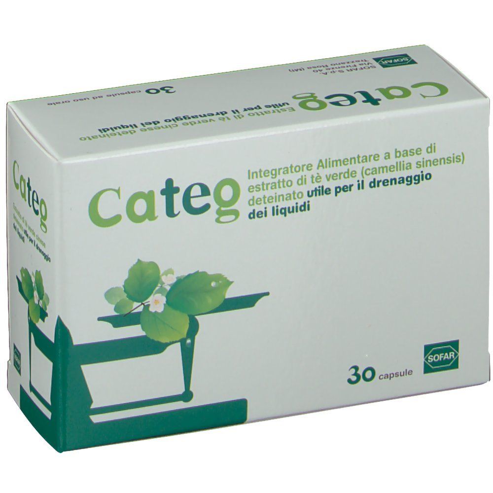 Scatola bianca con logo "Categ" verde e informazioni sul prodotto. Contiene 30 capsule. Logo SOFAR.