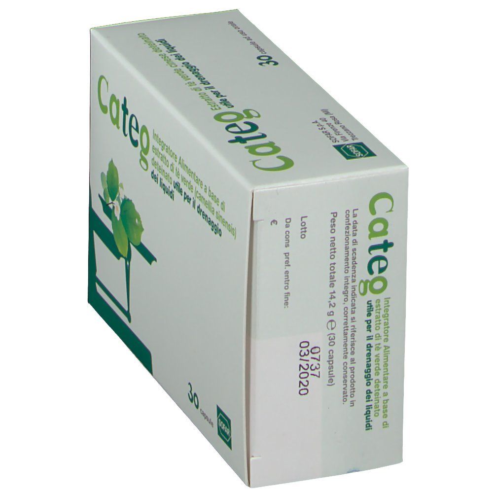 Scatola con logo "Categ". Contiene 30 capsule. Stampa con data di scadenza e numero di lotto. Logo SOFAR.