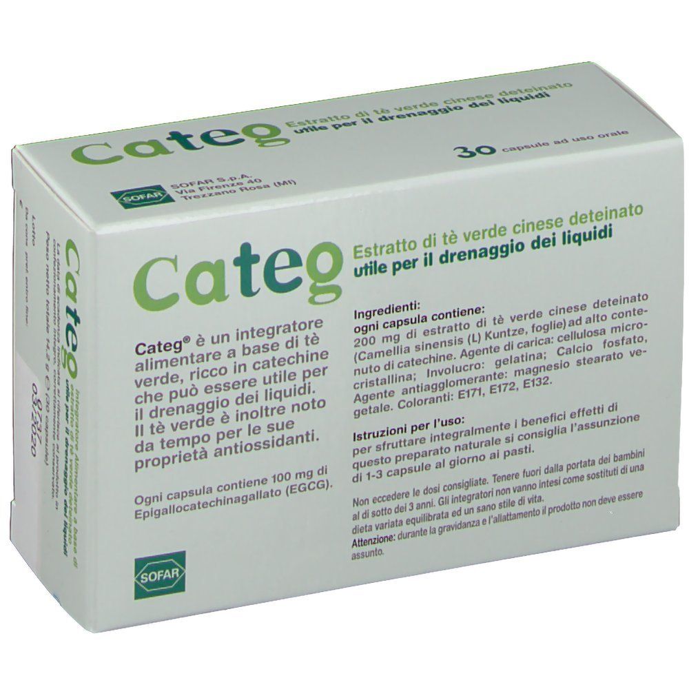 Scatola bianca con logo "Categ" e informazioni sul prodotto. Contiene 30 capsule. Logo SOFAR. Testo in italiano.