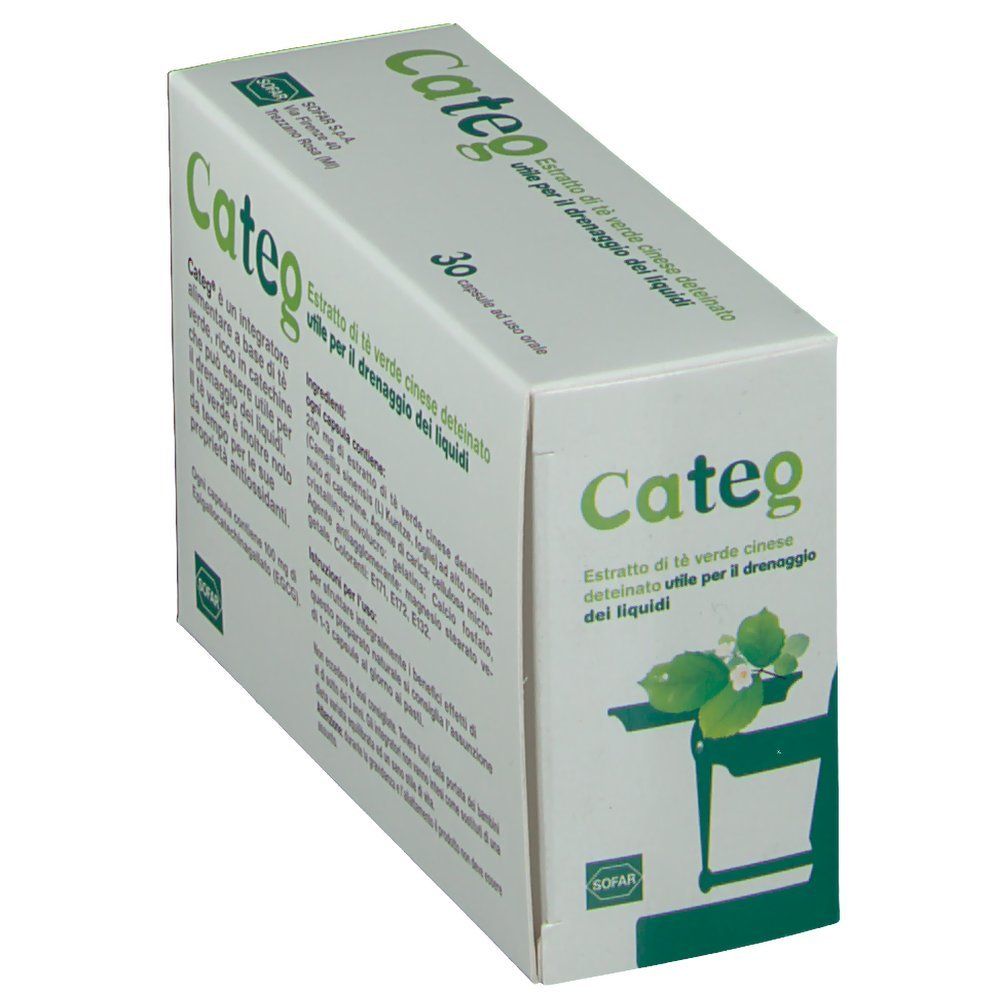 Scatola con logo "Categ" e informazioni sul prodotto. Contiene 30 capsule. Logo SOFAR. Testo in italiano.
