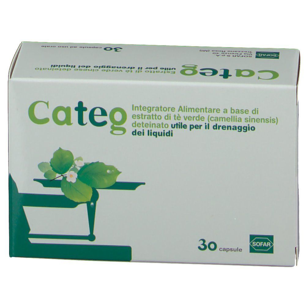 Scatola bianca con logo "Categ" verde e informazioni sul prodotto. Contiene 30 capsule. Logo SOFAR.