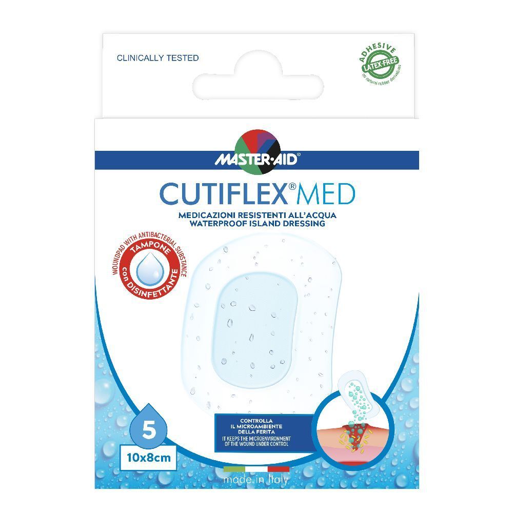 Confezione da 5 cerotti impermeabili. Marca MASTER-AID CUTIFLEX MED. Dimensione 10x8cm. Con tampone antibatterico.