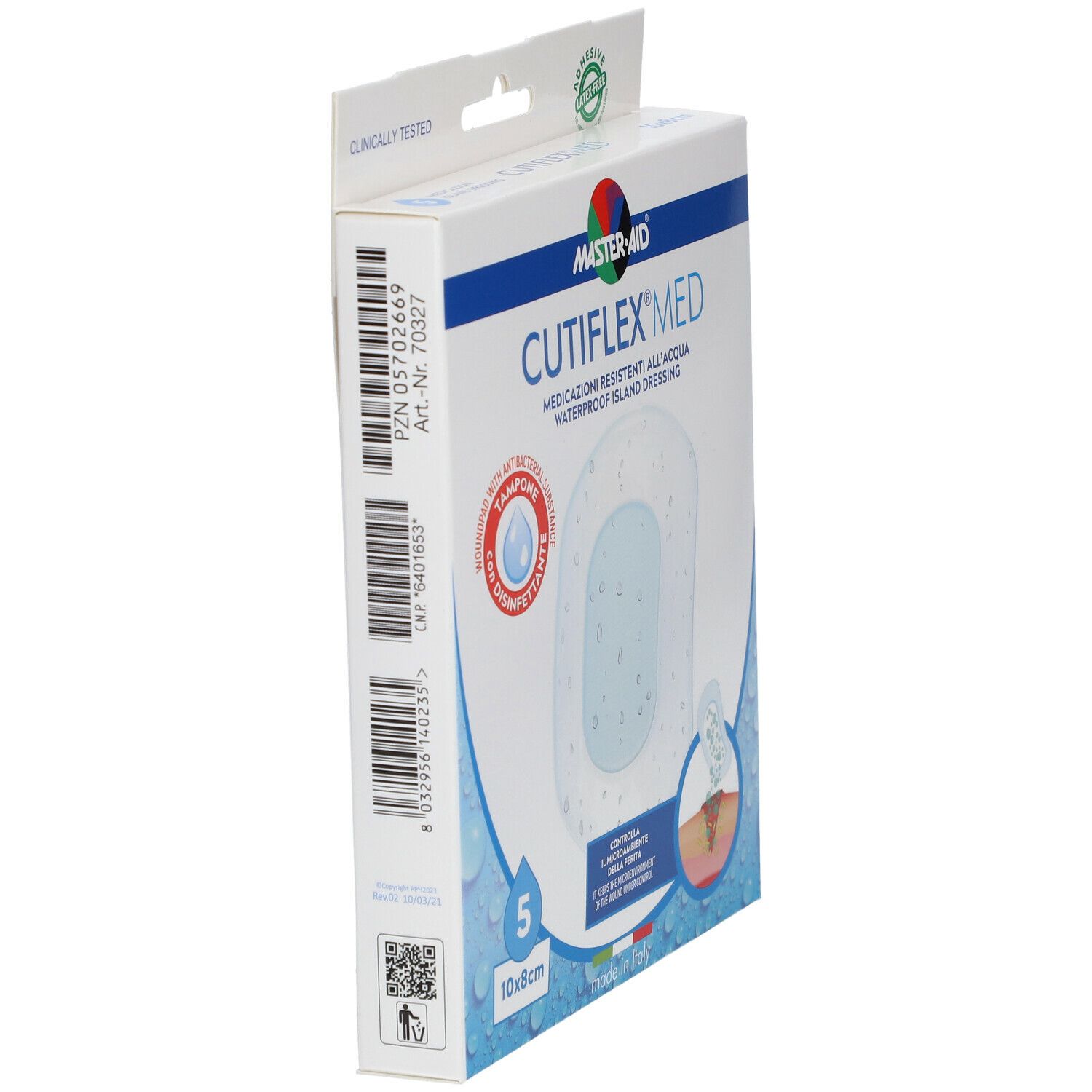 Confezione MASTER-AID CUTIFLEX MED, 5 cerotti impermeabili, 10x8cm. Vista laterale. Con tampone antibatterico.