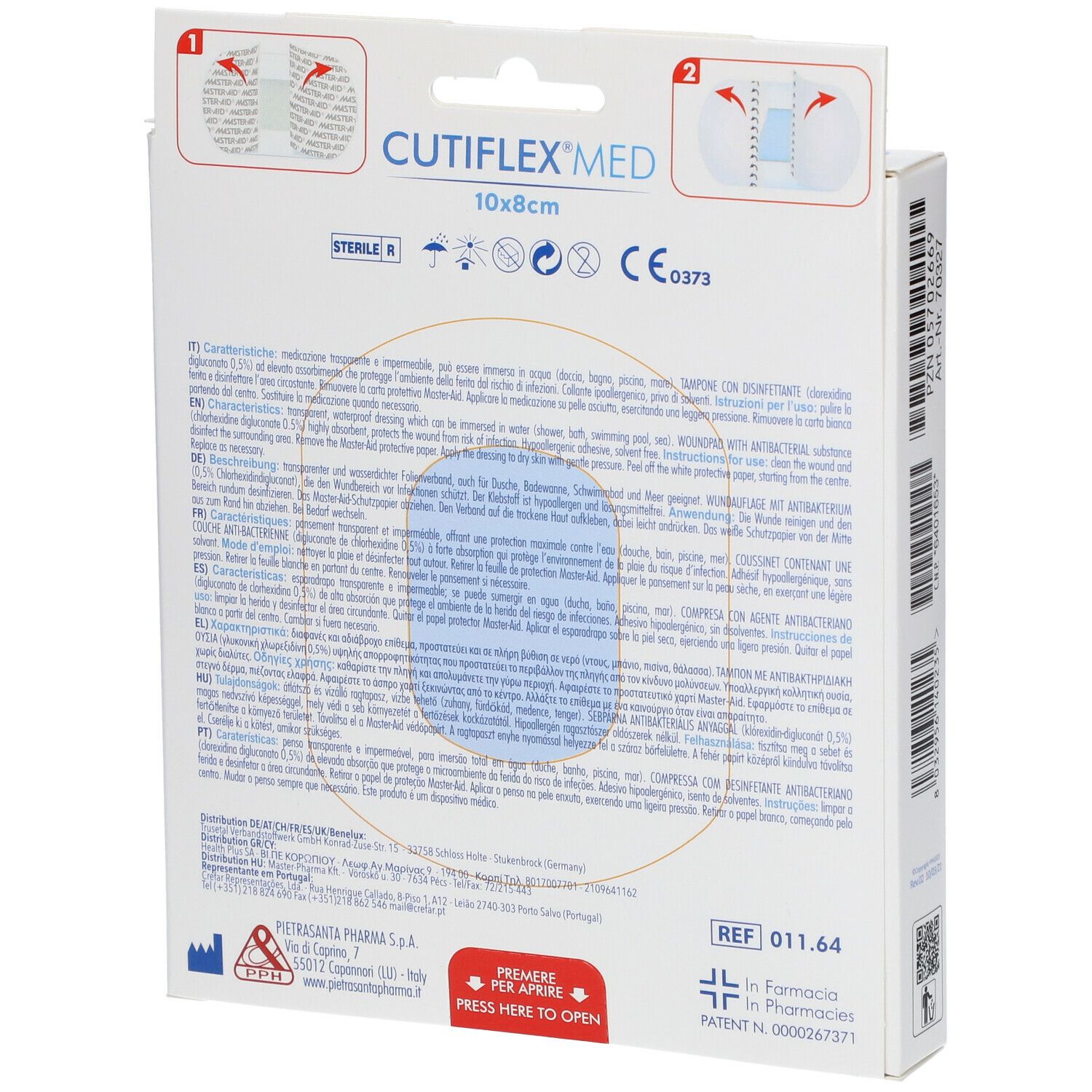 Retro della confezione MASTER-AID CUTIFLEX MED. Informazioni sui cerotti. Dimensione 10x8cm. Confezione sterile.