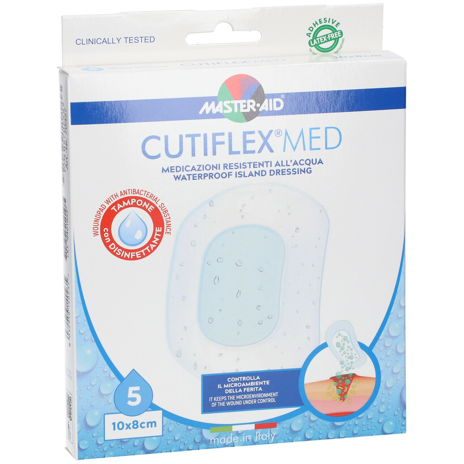 Confezione da 5 cerotti impermeabili. Marca MASTER-AID CUTIFLEX MED. Dimensione 10x8cm. Con tampone antibatterico.