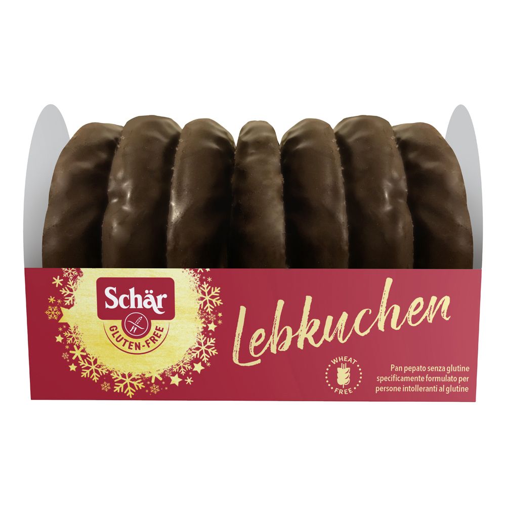 Lebkuchen Schär senza glutine, confezione rossa. Visibili 7 Lebkuchen glassati al cioccolato.