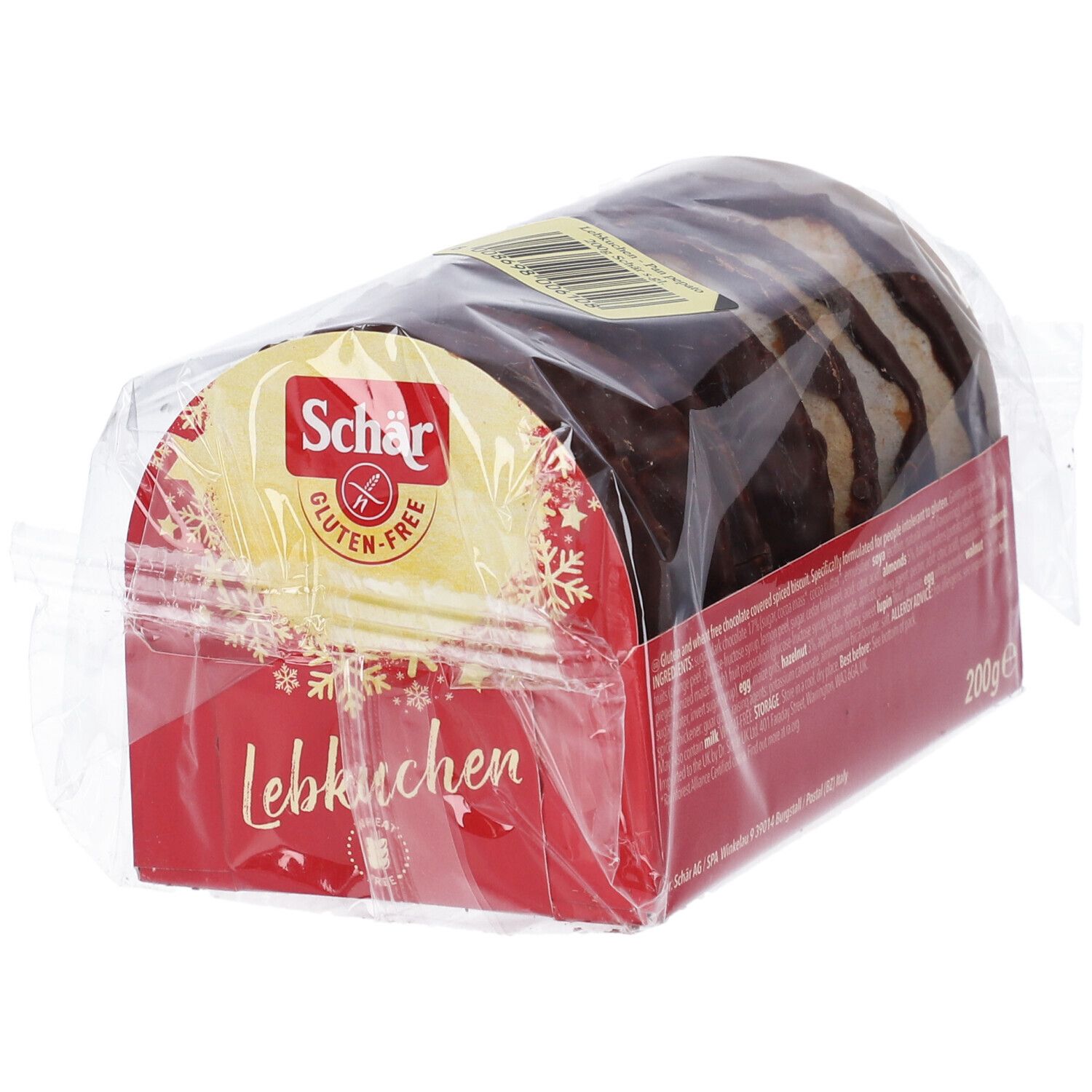 Lebkuchen Schär confezionati. Confezione rossa con nome e logo. Sigillo senza glutine.