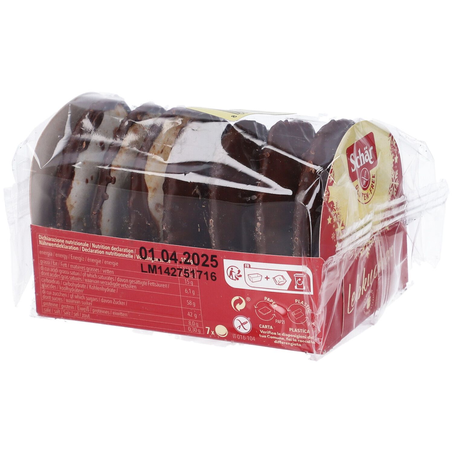 Lebkuchen Schär confezionati. Confezione rossa con nome e logo. Sigillo senza glutine e data di scadenza.