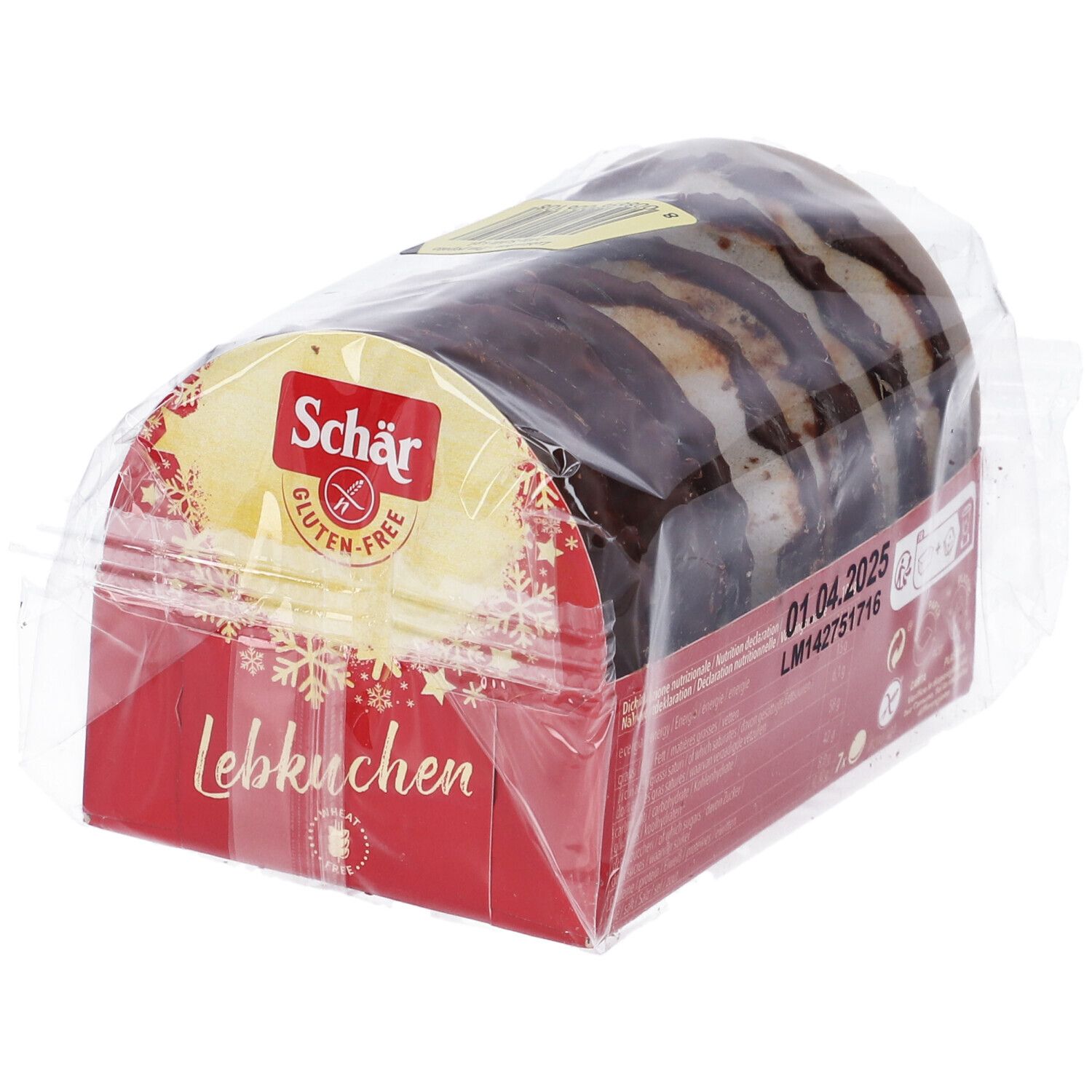 Lebkuchen Schär confezionati. Confezione rossa con nome e logo. Sigillo senza glutine e data di scadenza.