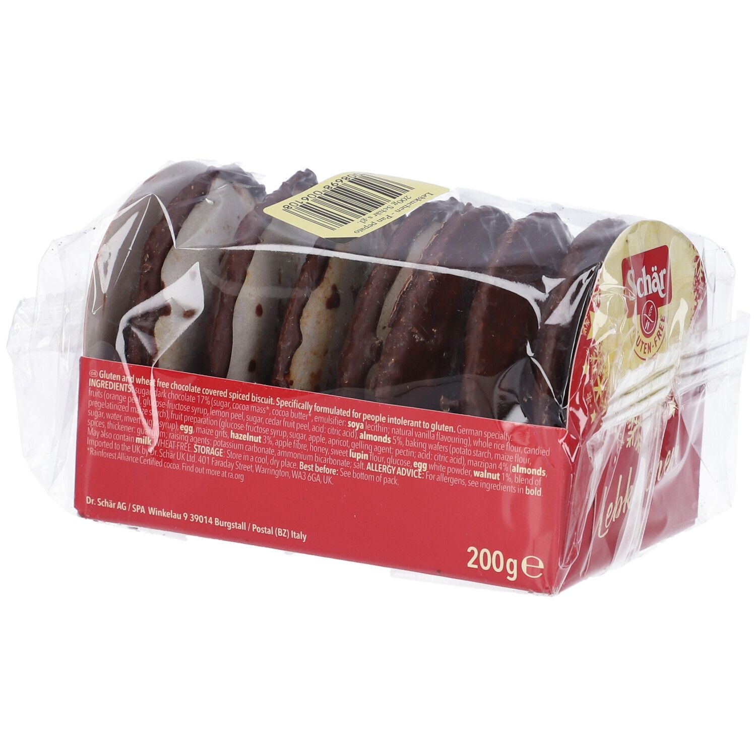 Lebkuchen Schär confezionati. Confezione rossa con nome e logo. Sigillo senza glutine e lista ingredienti.