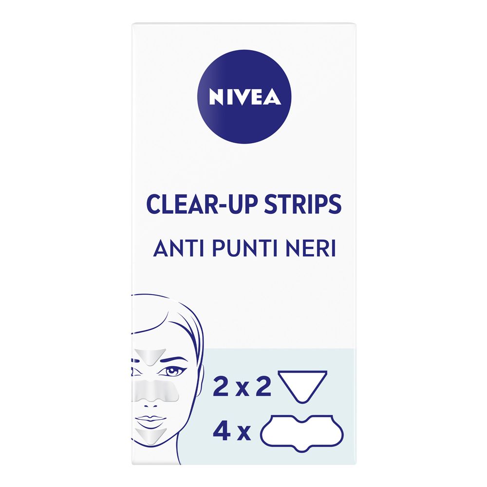 Emballage de NIVEA Clear-Up Strips T-Zone. Contient 2x2 bandes nez et 4 front. Inscription : Anti-points noirs.