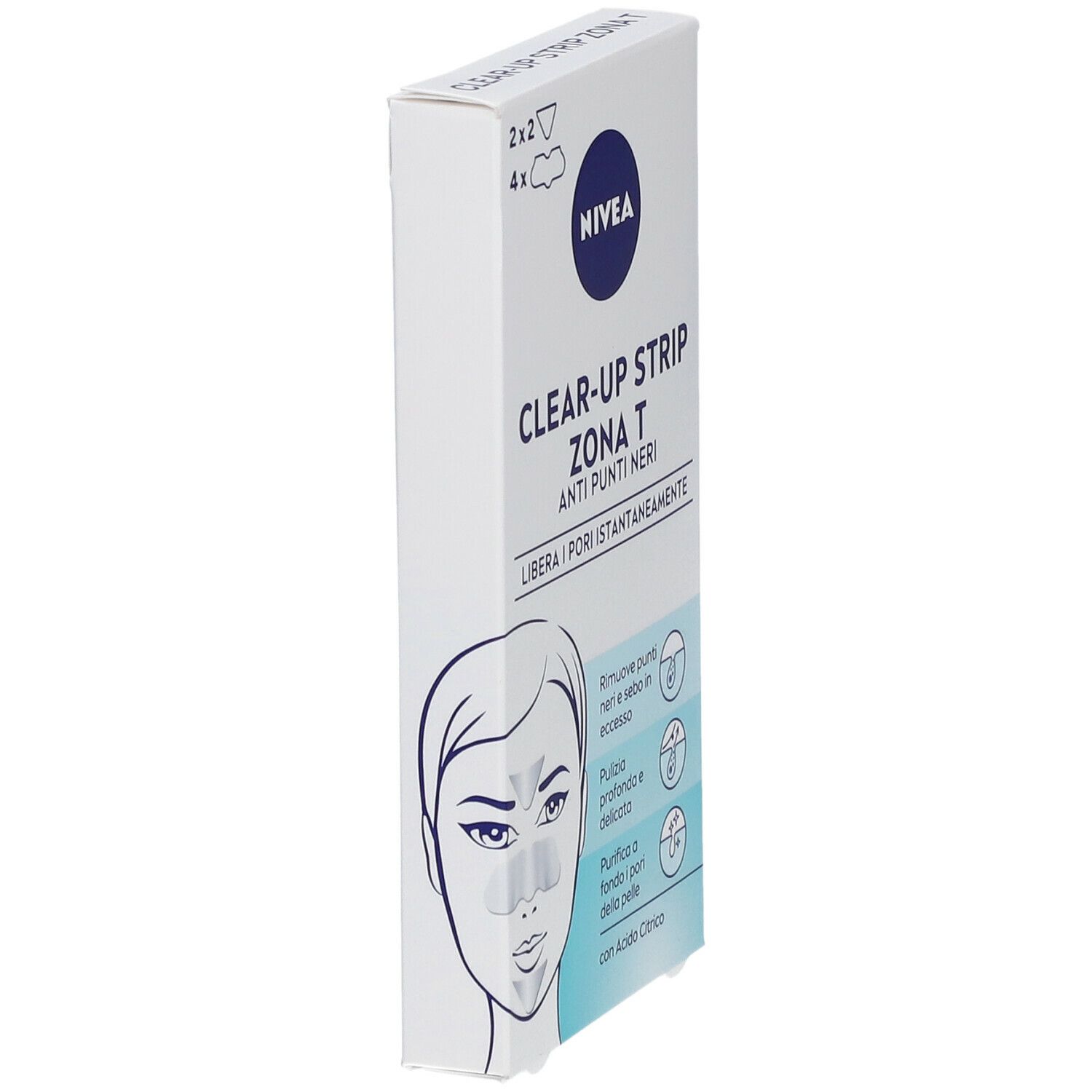Emballage NIVEA Clear-Up Strip Zona T. Anti-points noirs. Vue latérale. Texte : Nettoie les pores.