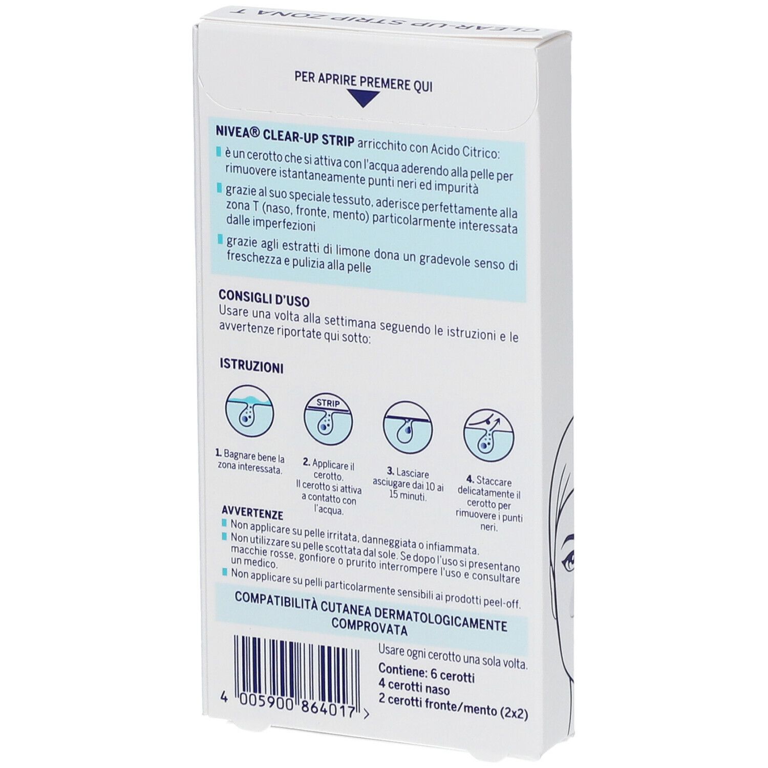 Dos de l'emballage NIVEA Clear-Up Strip. Texte : Instructions d'utilisation, ingrédients, avertissements, testé dermatologiquement.