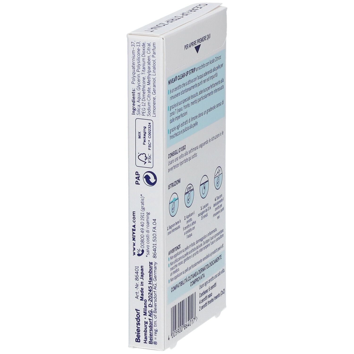 Vue latérale de l'emballage NIVEA Clear-Up Strip. Texte : Ingrédients, informations fabricant, symboles de recyclage.