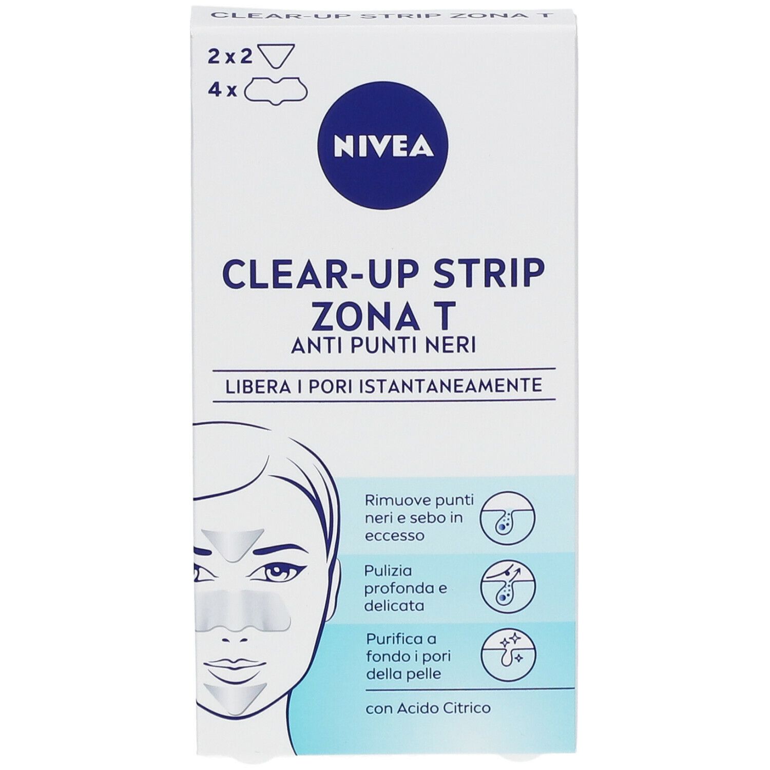Emballage NIVEA Clear-Up Strip Zona T. Anti-points noirs. Contient 2x2 nez et 4 front. Texte : Nettoie les pores.