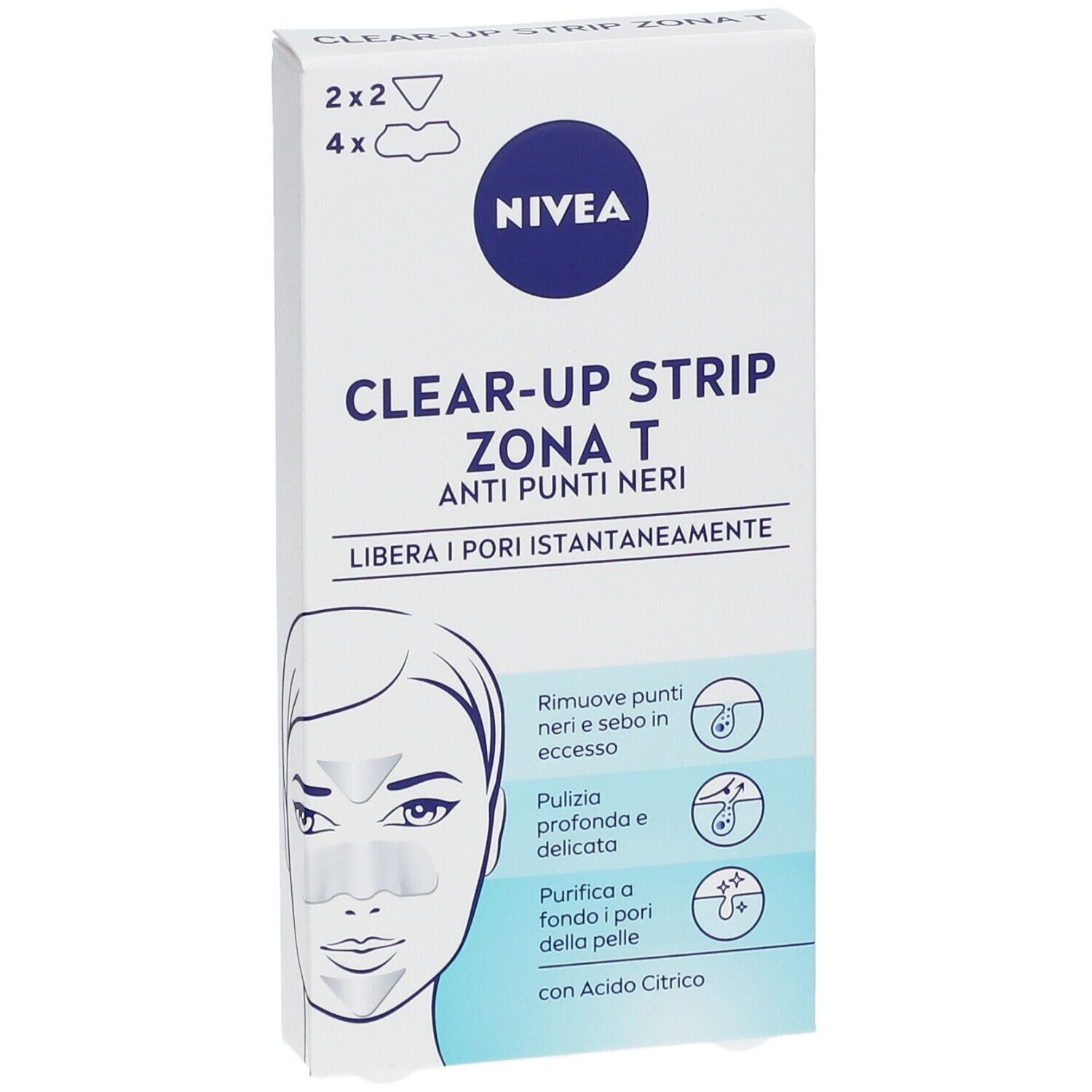 Emballage NIVEA Clear-Up Strip Zona T. Anti-points noirs. Contient 2x2 nez et 4 front. Texte : Nettoie les pores.