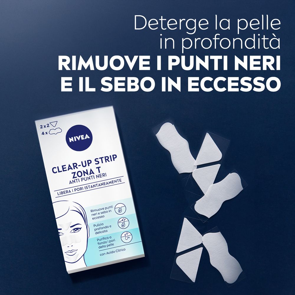 Emballage NIVEA Clear-Up Strip Zona T, anti-points noirs. Contient des bandes. Texte : Nettoie la peau en profondeur, élimine les points noirs et l'excès de sébum.