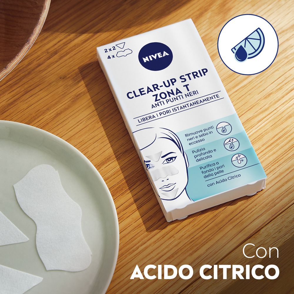 Emballage NIVEA Clear-Up Strip Zona T, anti-points noirs. Bandes et symbole citron. Texte : Avec acide citrique.