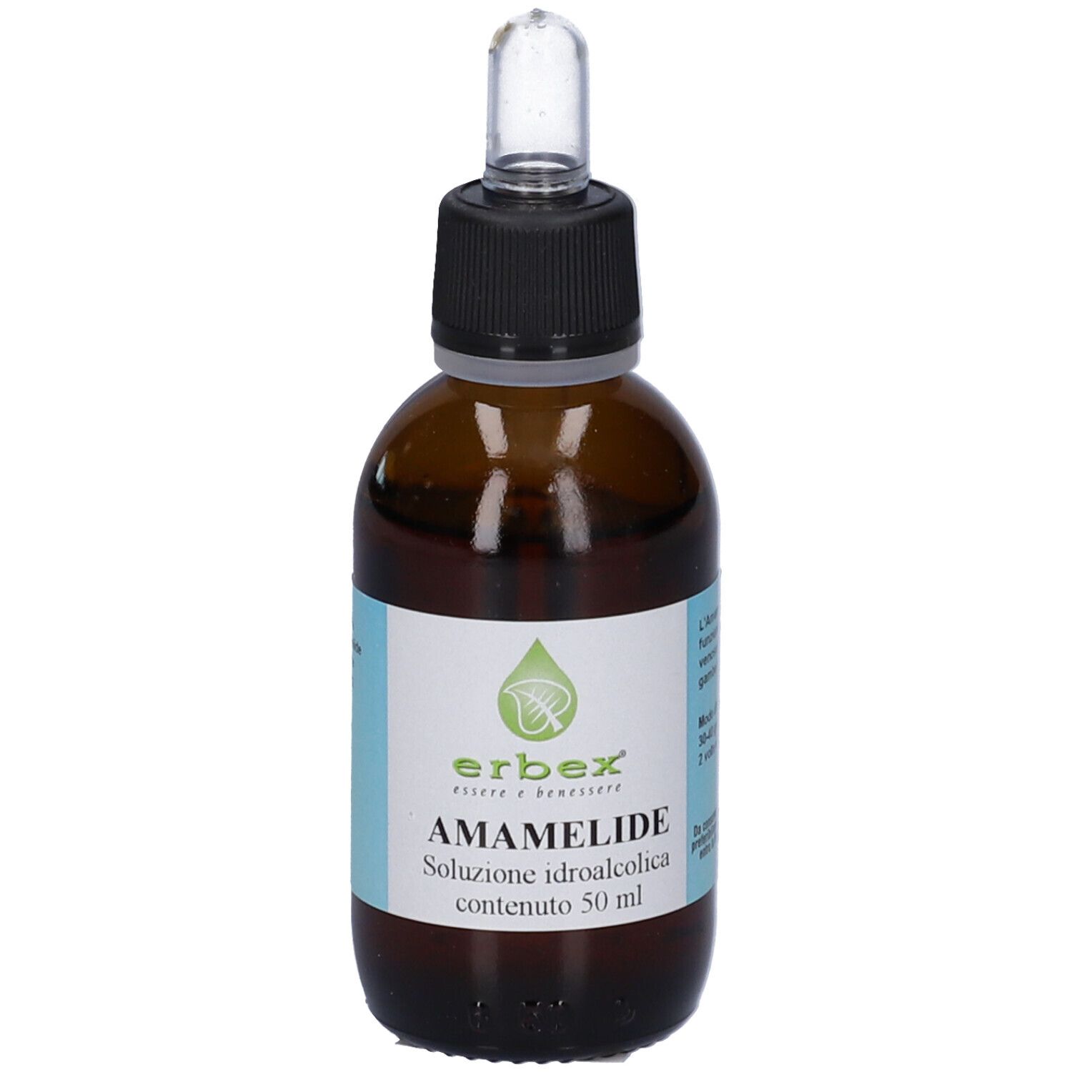 Flacone di vetro marrone con contagocce. Etichetta con nome del prodotto e logo. Contenuto: 50 ml.