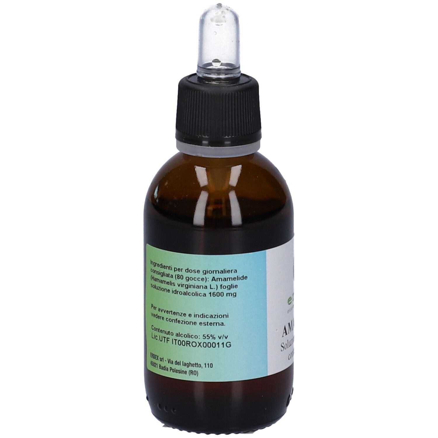 Flacone di vetro marrone con contagocce. Etichetta con ingredienti e gradazione alcolica. Contenuto: 50 ml.