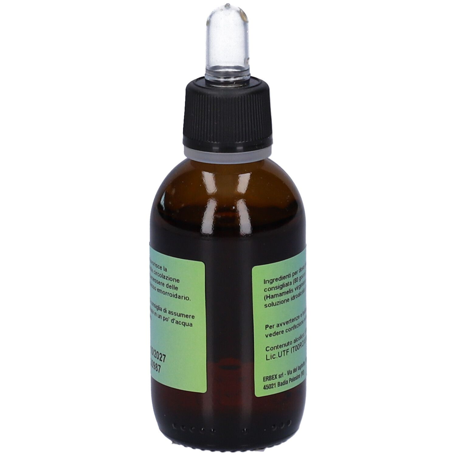 Flacone di vetro marrone con contagocce. Etichetta con ingredienti e informazioni del produttore. Contenuto: 50 ml.