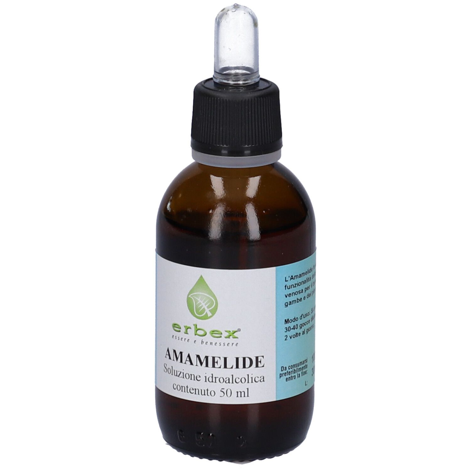 Flacone di vetro marrone con contagocce. Etichetta con nome del prodotto, logo e contenuto: 50 ml.